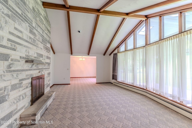 474 Tingley Lake Rd, New Milford, PA 18834 - unfurnished living room featuring a baseboard radiator, baseboards, a fireplace, and carpet floors