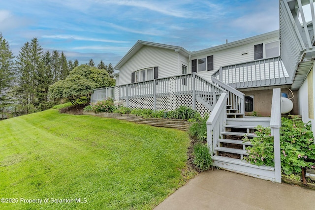 474 Tingley Lake Rd, New Milford, PA 18834 - view of side of property featuring a lawn, stairway, and a wooden deck