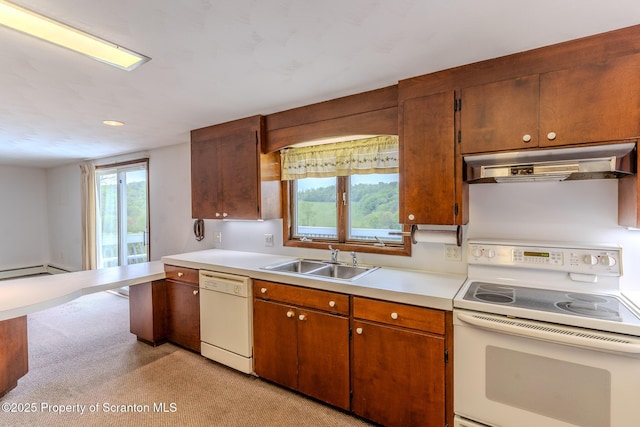 474 Tingley Lake Rd, New Milford, PA 18834 - kitchen featuring white appliances, under cabinet range hood, a sink, light countertops, and a baseboard heating unit