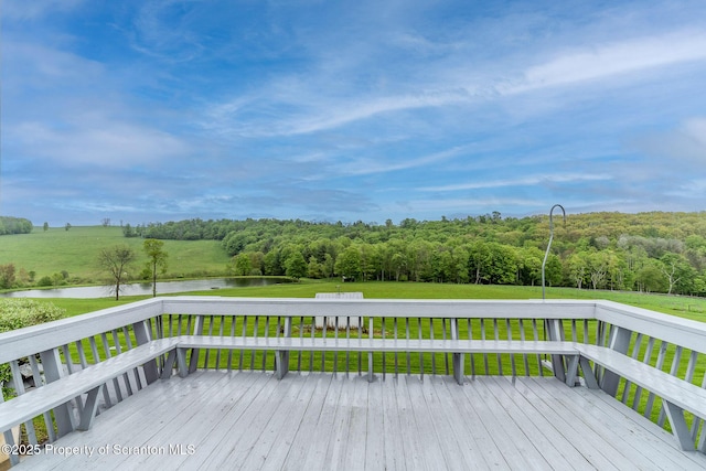 474 Tingley Lake Rd, New Milford, PA 18834 - wooden deck featuring a lawn, a water view, and a forest view