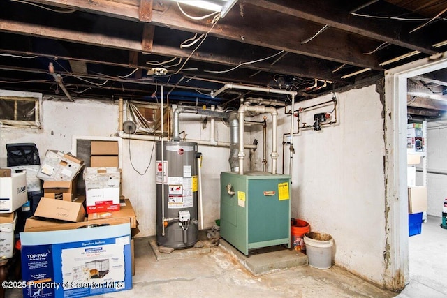 unfinished basement with a heating unit and gas water heater