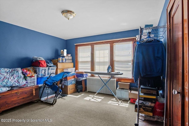 carpeted bedroom with radiator heating unit