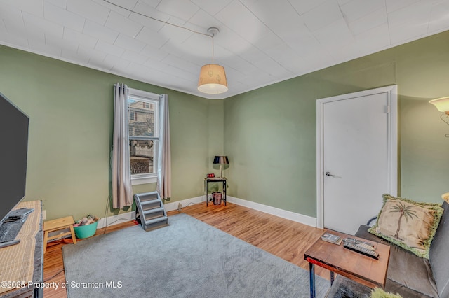 living area featuring wood finished floors and baseboards