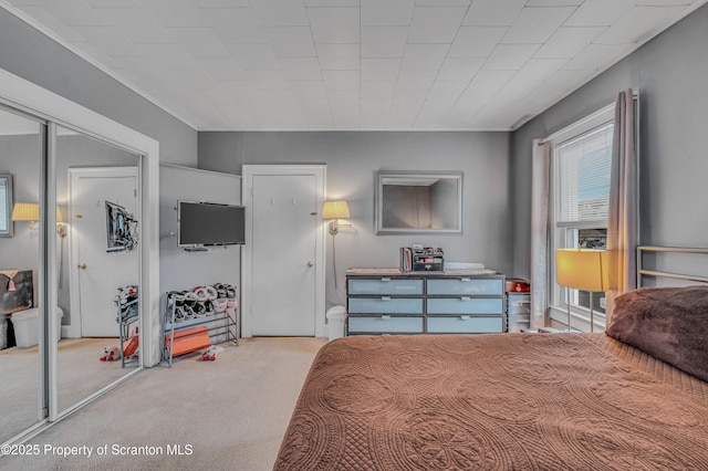 carpeted bedroom with a closet