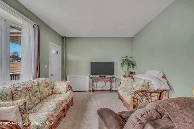 carpeted living room with radiator heating unit