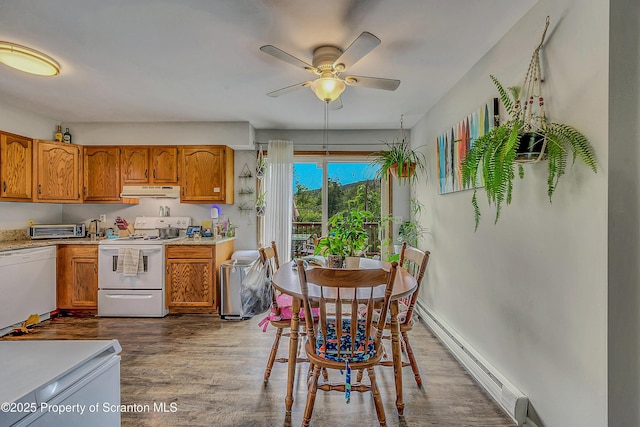 119121 Fern Way S, Abington Twp, PA 18411 - kitchen featuring white appliances, ceiling fan, brown cabinetry, dark wood-style flooring, and baseboard heating