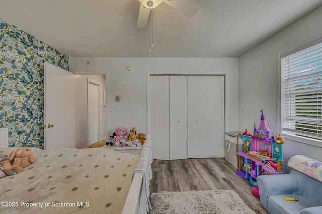 119121 Fern Way S, Abington Twp, PA 18411 - bedroom featuring wood finished floors, multiple windows, wallpapered walls, a closet, and ceiling fan