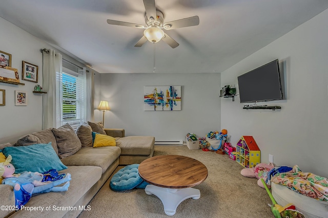 119121 Fern Way S, Abington Twp, PA 18411 - living room with a ceiling fan, baseboard heating, and carpet floors