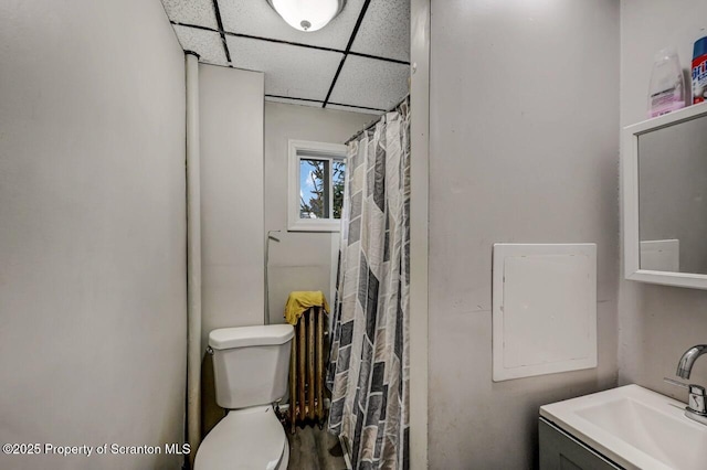 full bathroom featuring toilet, vanity, and a paneled ceiling