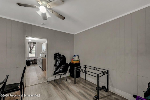 home office featuring light wood finished floors, ornamental molding, a ceiling fan, and baseboards