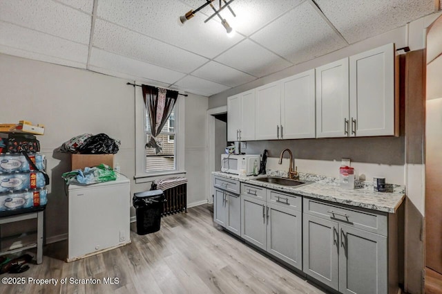 kitchen with white microwave, radiator heating unit, a sink, and gray cabinetry