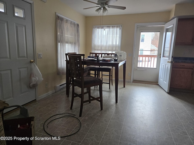 dining room with a ceiling fan, baseboards, and a baseboard radiator