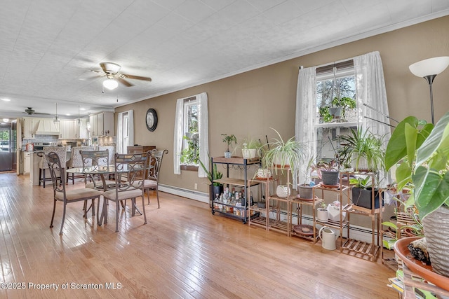 50 Humphrey St Unit 50-51, Old Forge, PA 18518 - dining space featuring a baseboard radiator, crown molding, a ceiling fan, and light wood-style flooring