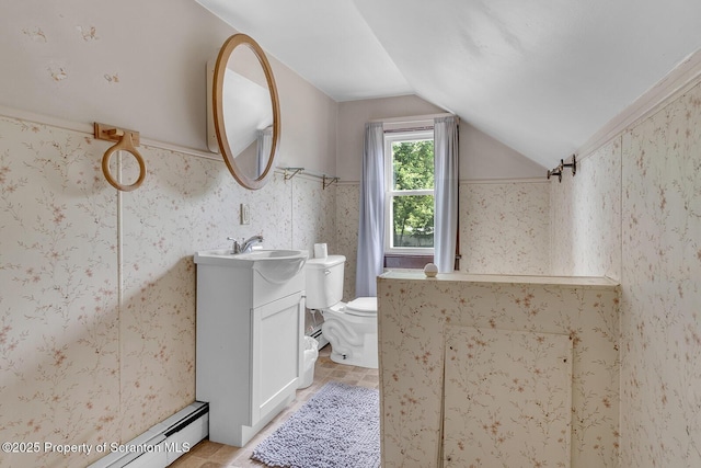 50 Humphrey St Unit 50-51, Old Forge, PA 18518 - bathroom featuring vaulted ceiling, vanity, and a baseboard radiator