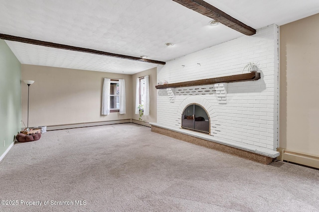 50 Humphrey St Unit 50-51, Old Forge, PA 18518 - unfurnished living room with carpet flooring, a fireplace, beam ceiling, and baseboard heating