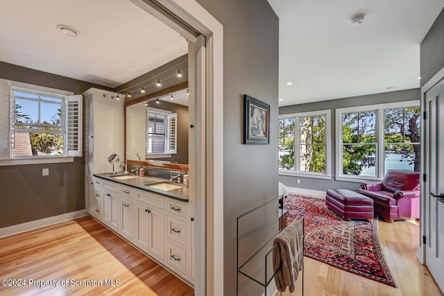 bathroom with vanity and hardwood / wood-style flooring