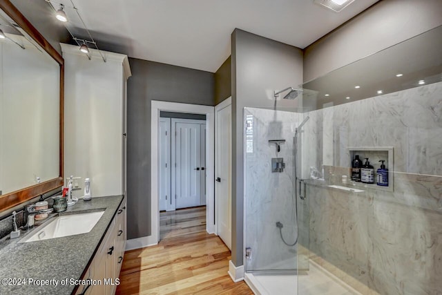 bathroom featuring wood-type flooring, vanity, and a shower with shower door