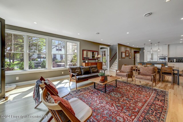 living room featuring sink and light hardwood / wood-style floors