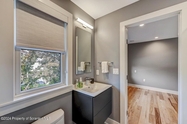 bathroom with hardwood / wood-style floors, vanity, and toilet