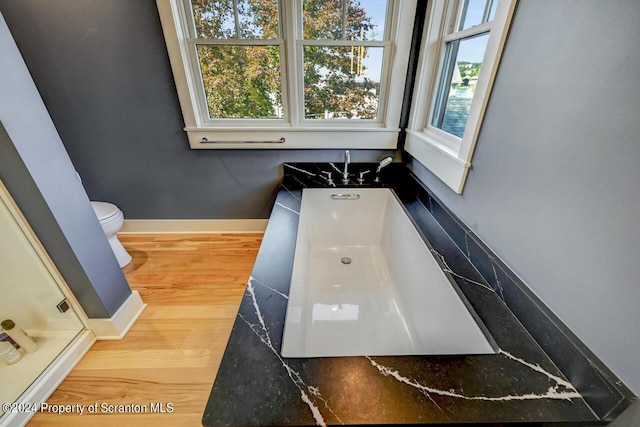 bathroom with hardwood / wood-style flooring, a healthy amount of sunlight, and toilet