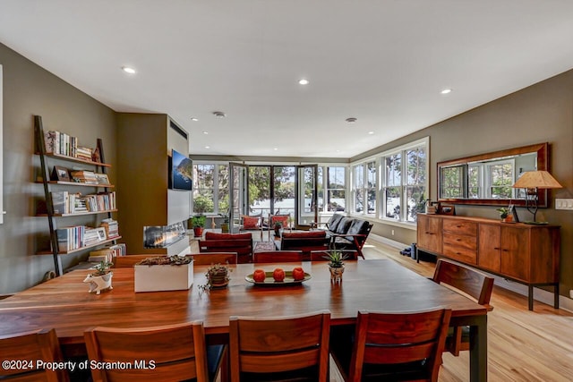 dining space with light hardwood / wood-style floors