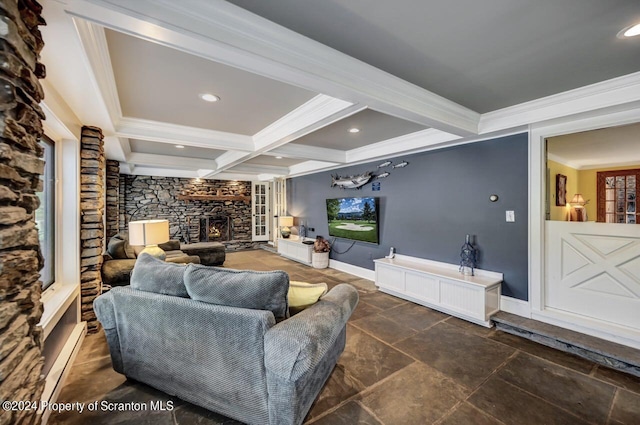 living room featuring beamed ceiling, crown molding, a baseboard radiator, and coffered ceiling