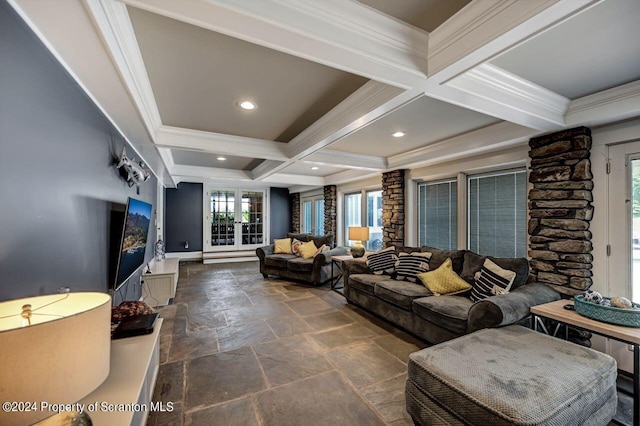 living room with beamed ceiling, crown molding, and coffered ceiling