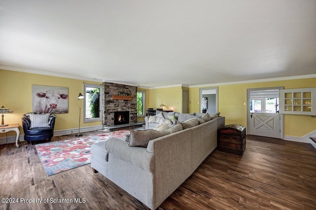 living room featuring dark hardwood / wood-style flooring, a stone fireplace, and ornamental molding