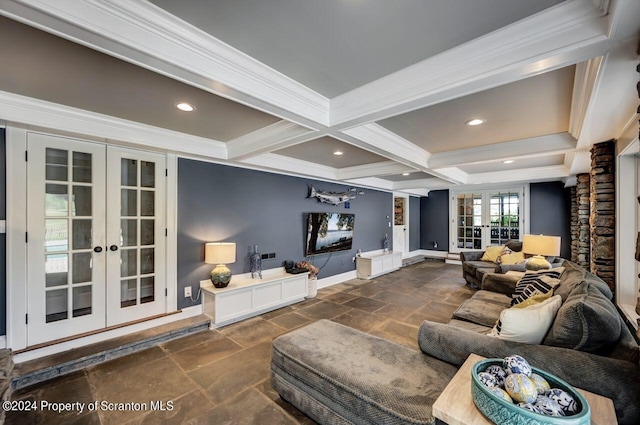 living room with beam ceiling, crown molding, french doors, and coffered ceiling