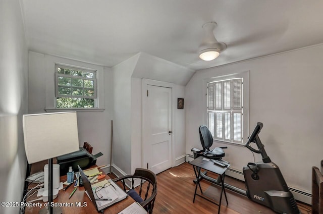 212 Lake Scranton Rd, Scranton, PA 18505 - home office with wood finished floors, a baseboard heating unit, and lofted ceiling