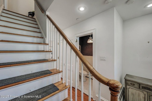 212 Lake Scranton Rd, Scranton, PA 18505 - stairs featuring wood finished floors, recessed lighting, and baseboard heating