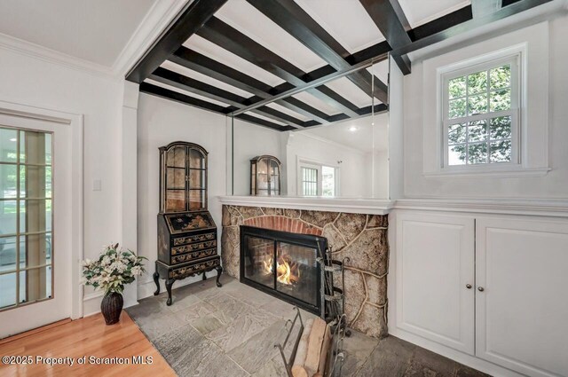 212 Lake Scranton Rd, Scranton, PA 18505 - detailed view of coffered ceiling, beamed ceiling, a fireplace, crown molding, and a decorative wall