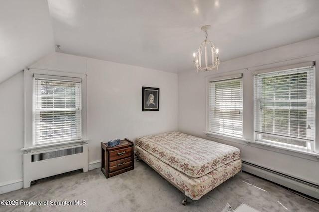 212 Lake Scranton Rd, Scranton, PA 18505 - carpeted bedroom with radiator, a baseboard radiator, multiple windows, vaulted ceiling, and a chandelier