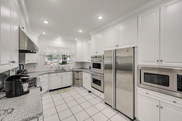212 Lake Scranton Rd, Scranton, PA 18505 - kitchen with stainless steel appliances, exhaust hood, white cabinets, light tile patterned flooring, and backsplash