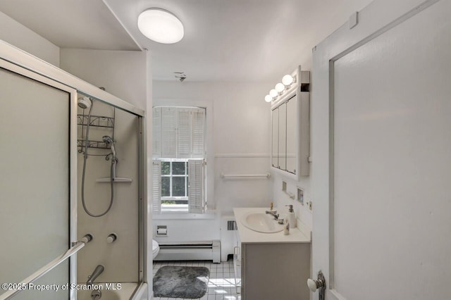 212 Lake Scranton Rd, Scranton, PA 18505 - bathroom featuring a baseboard heating unit, a shower with door, vanity, and tile patterned floors
