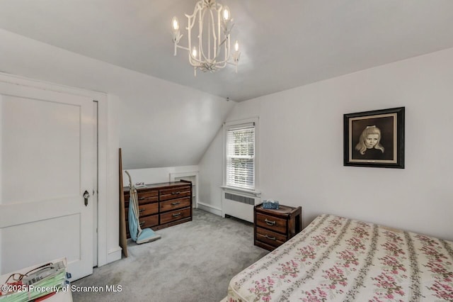 212 Lake Scranton Rd, Scranton, PA 18505 - carpeted bedroom featuring radiator heating unit, lofted ceiling, and a chandelier