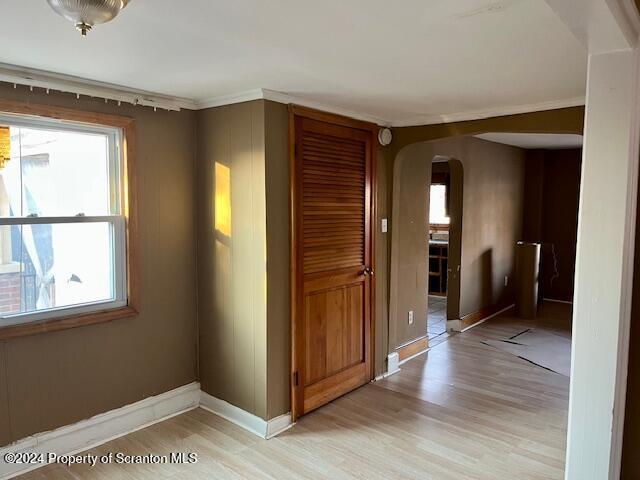 hall featuring ornamental molding, a healthy amount of sunlight, and light wood-type flooring