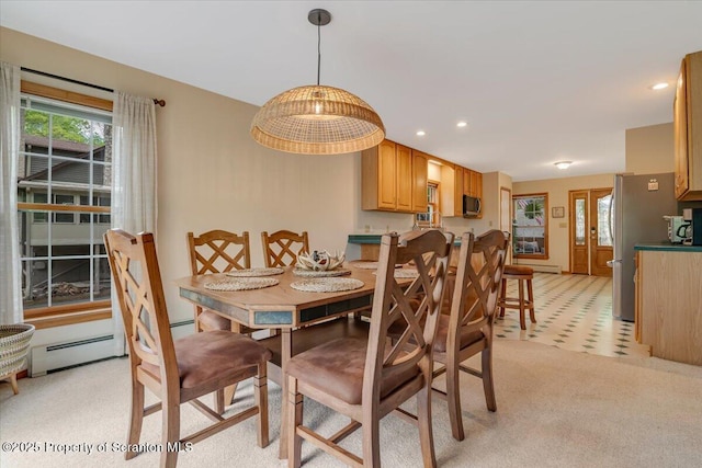 86 Paupack Point Rd, Hawley, PA 18428 - dining area with a baseboard heating unit, recessed lighting, and light flooring