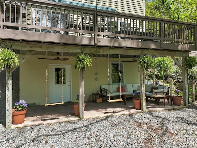 86 Paupack Point Rd, Hawley, PA 18428 - back of house featuring a patio area, an outdoor hangout area, a ceiling fan, and a wooden deck