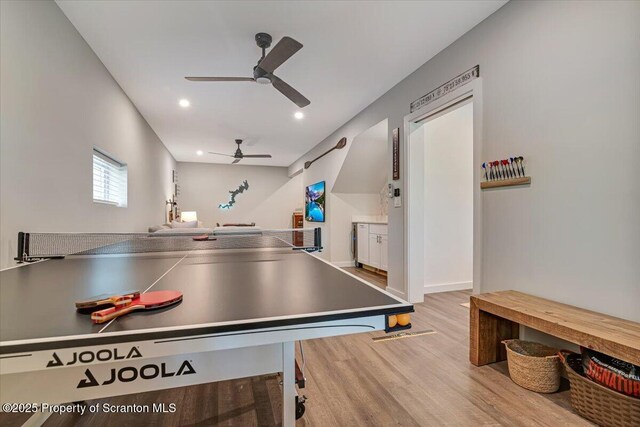 86 Paupack Point Rd, Hawley, PA 18428 - rec room featuring a ceiling fan, light wood-type flooring, and recessed lighting