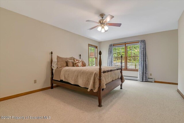 86 Paupack Point Rd, Hawley, PA 18428 - bedroom with light carpet, baseboards, a ceiling fan, and a baseboard radiator