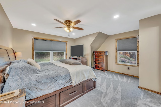 carpeted bedroom with ceiling fan