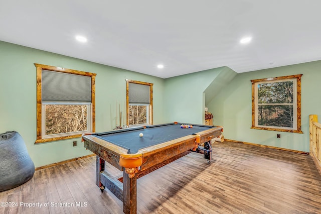 recreation room with hardwood / wood-style flooring and billiards