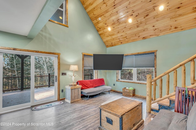 living room featuring hardwood / wood-style floors, high vaulted ceiling, plenty of natural light, and wood ceiling