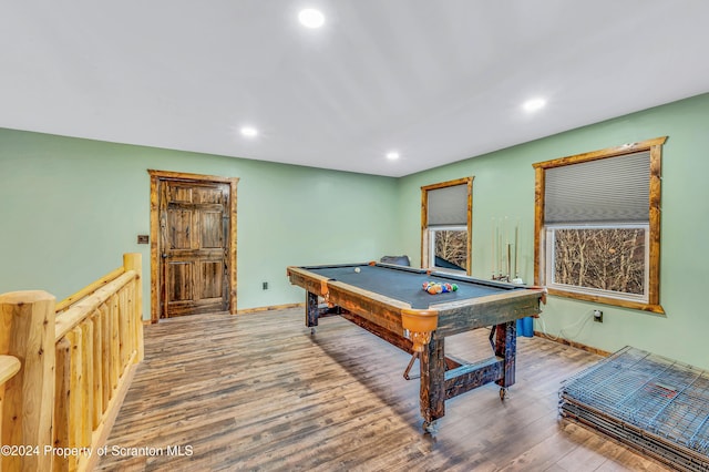 rec room with hardwood / wood-style floors and billiards