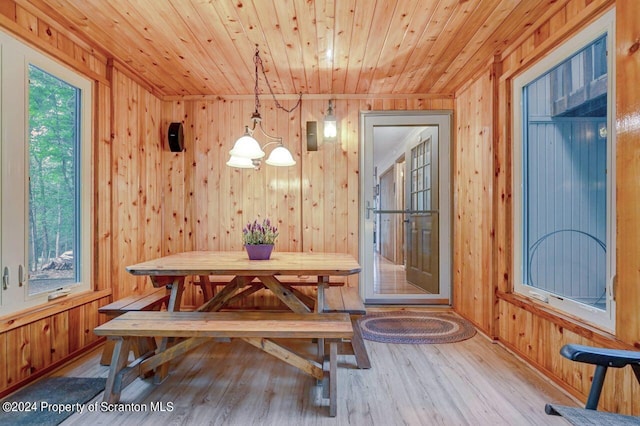 dining area with wood walls, wooden ceiling, a healthy amount of sunlight, and light hardwood / wood-style flooring