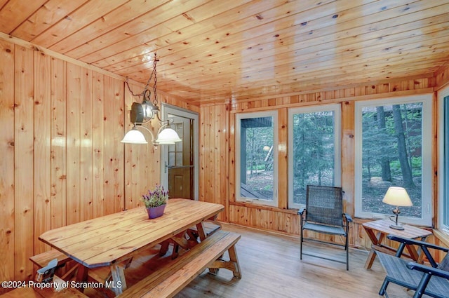 dining space featuring a chandelier, hardwood / wood-style floors, wooden ceiling, and wood walls