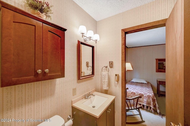 bathroom featuring vanity, a textured ceiling, and toilet