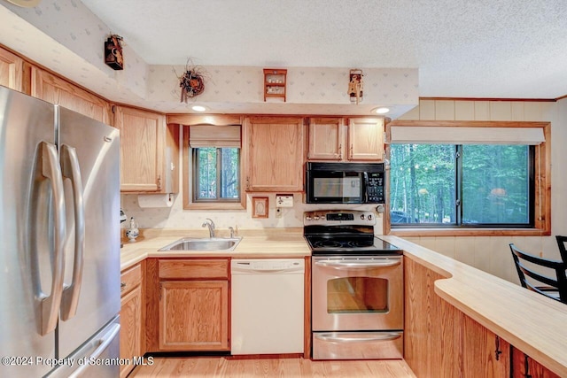 kitchen featuring a textured ceiling, plenty of natural light, sink, and appliances with stainless steel finishes