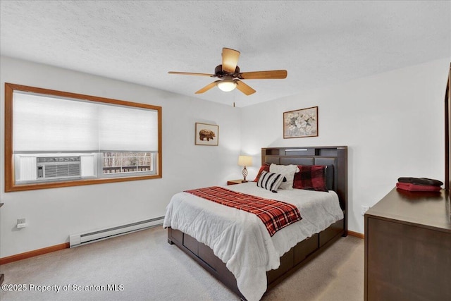 carpeted bedroom with baseboards, a textured ceiling, a baseboard heating unit, and cooling unit